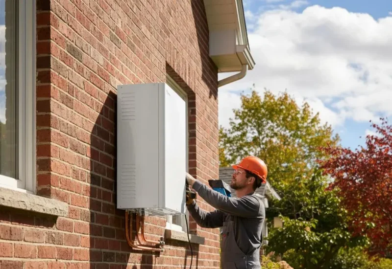 Technicien installant une thermopompe résidentielle